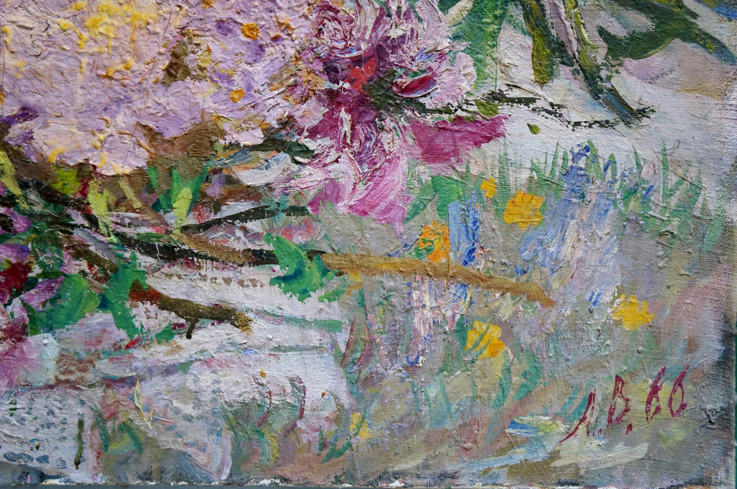 Oil painting of pink purple blossoms by Alexander Aleksandrovich Vinogradov