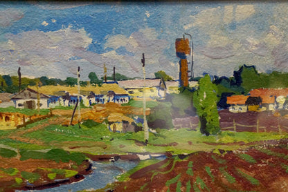 Impressionistic rustic village oil painting by Fomin Anatoly Nikiforovich with tall water tower