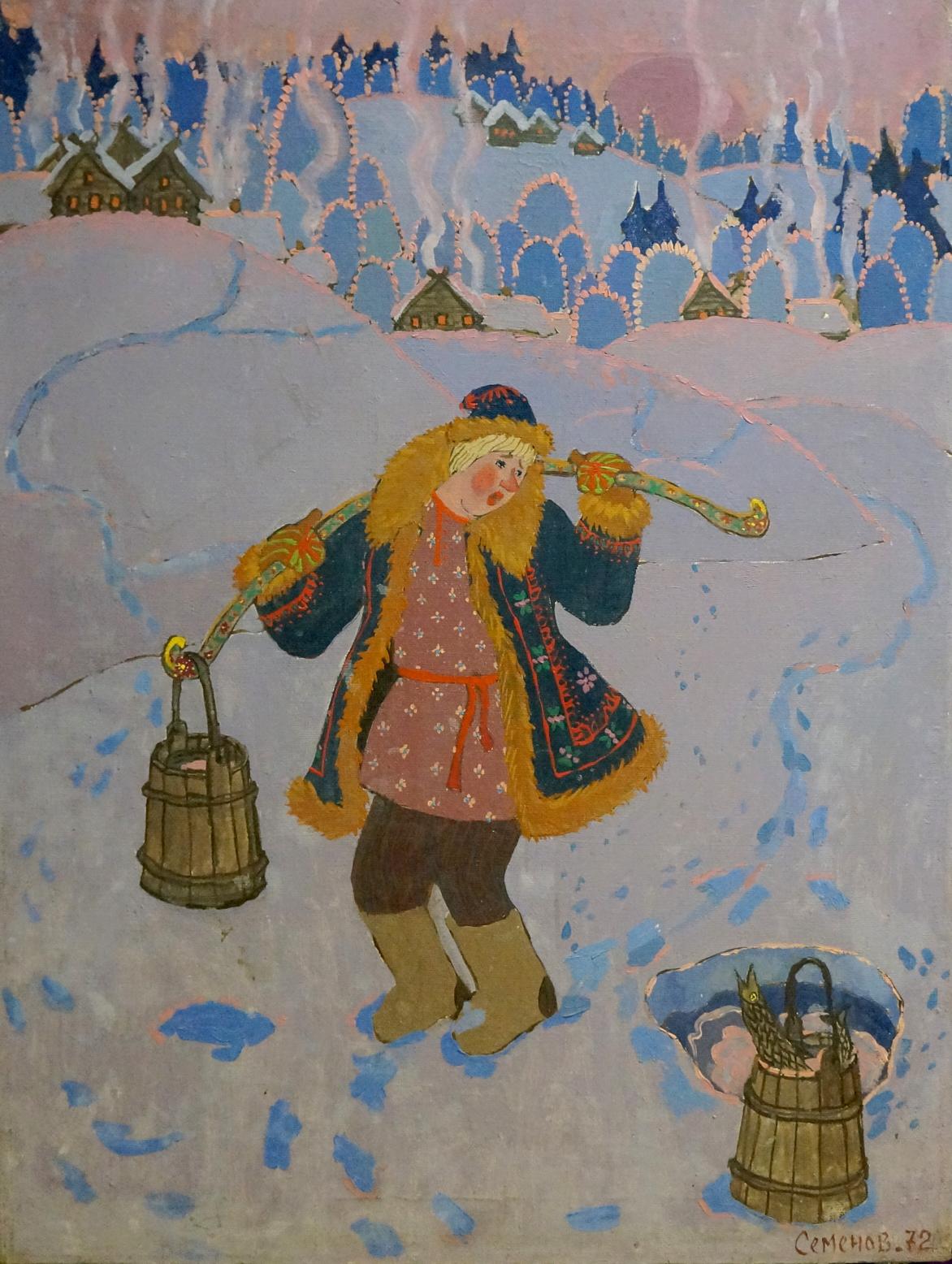 Oil painting Mistress of the Water by Semenov A.N. with wooden bucket