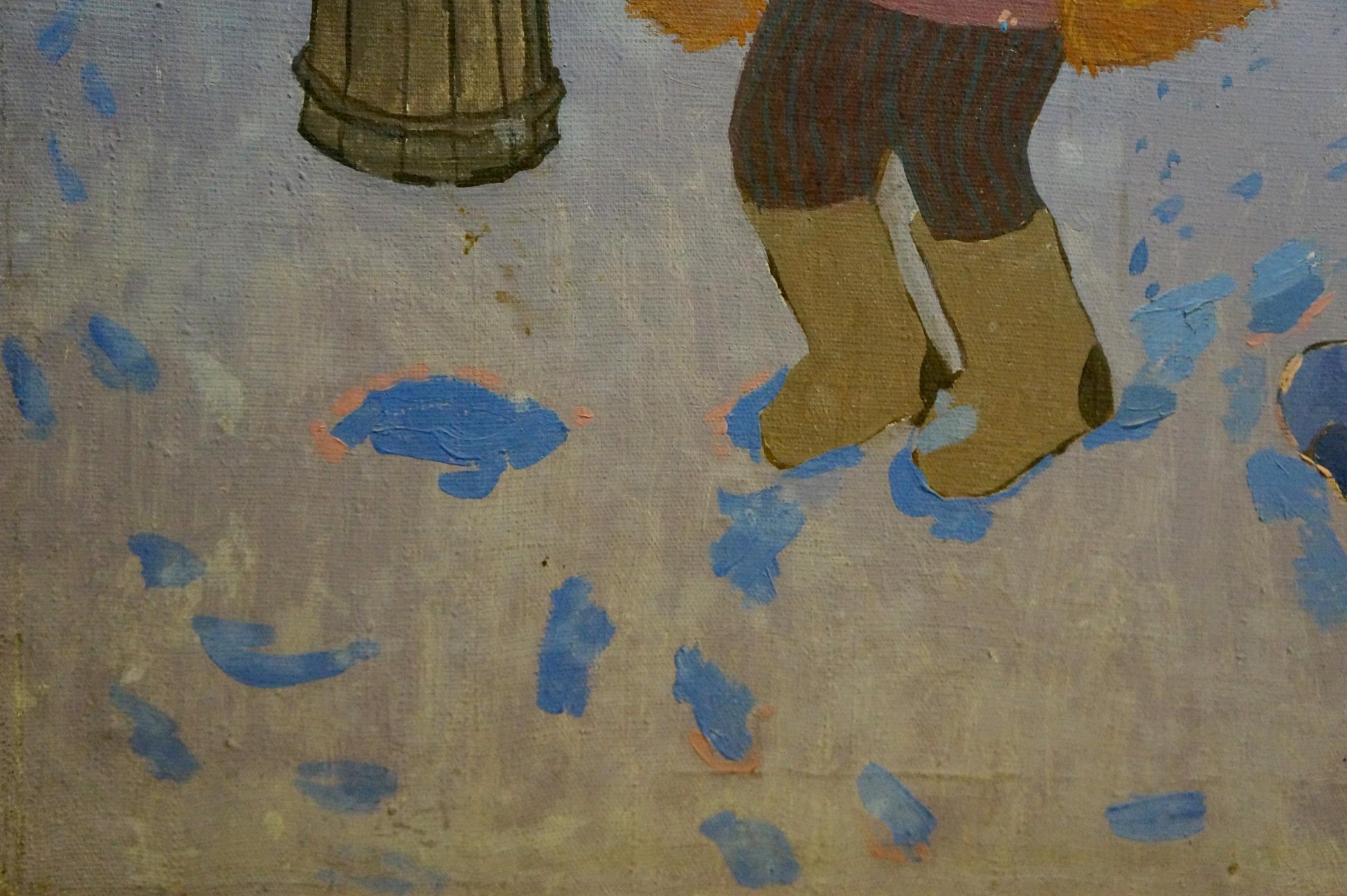 Child in brown rubber boots on snow in Semenov A.N. oil painting