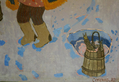 Rustic oil painting Mistress of the Water by Semenov A.N. with wooden bucket and fish