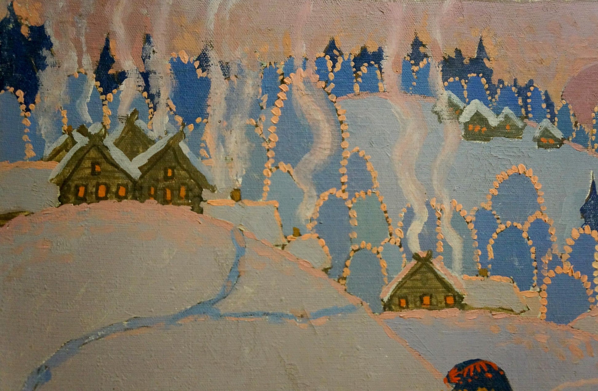 Oil painting Mistress of the Water by Semenov A.N., stylized winter village scene