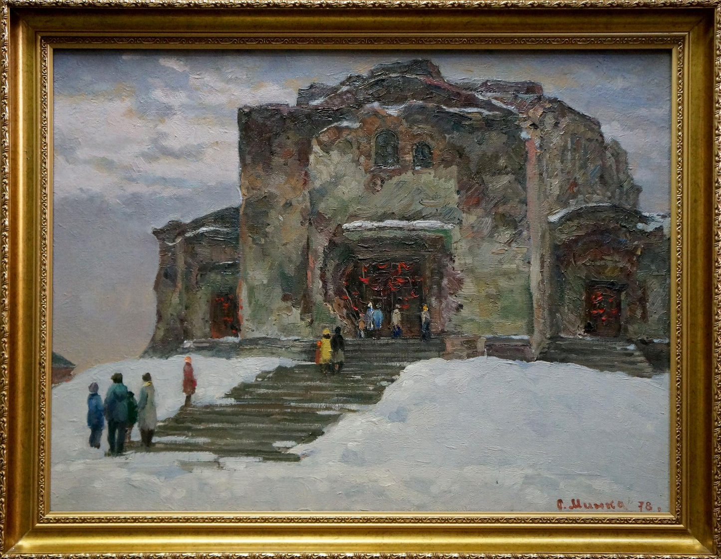 Framed oil painting by Minka Alexander Fedorovich: snow-covered stone building with red doors
