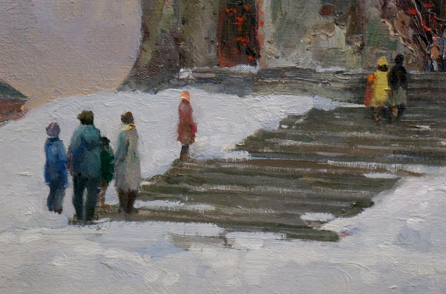 Oil painting by Minka Alexander Fedorovich: snowy street with figures on steps