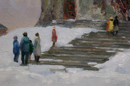 Oil painting by Minka Alexander Fedorovich: snowy street with figures on steps