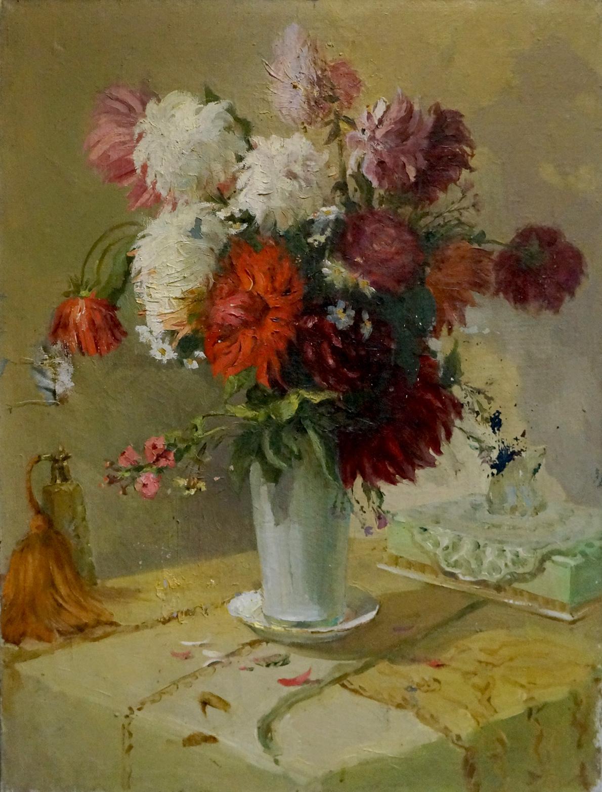 Oil painting of vibrant pink, red, white peonies in white vase by Besedin Sergey Fotievich