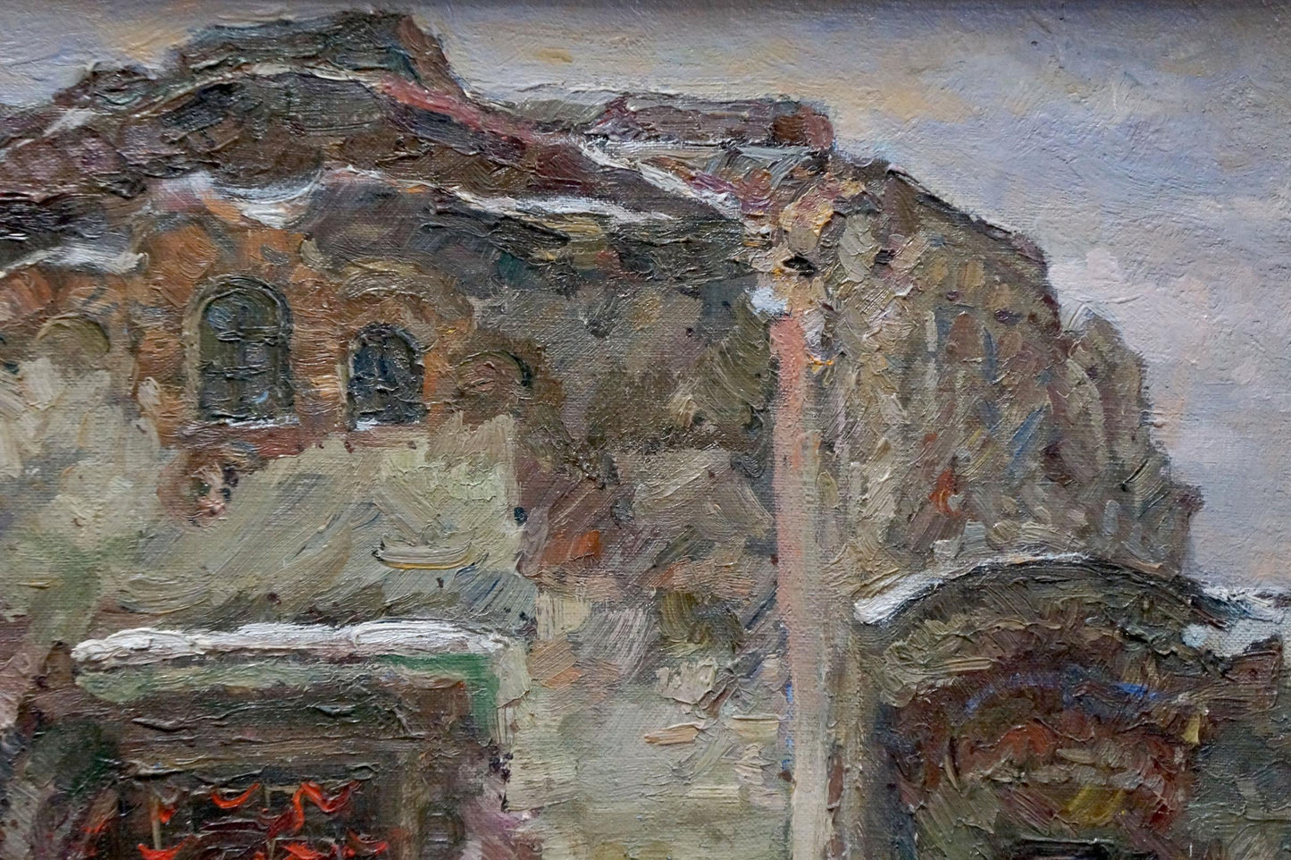 Winter landscape oil painting by Minka Alexander Fedorovich, textured stone building in snow