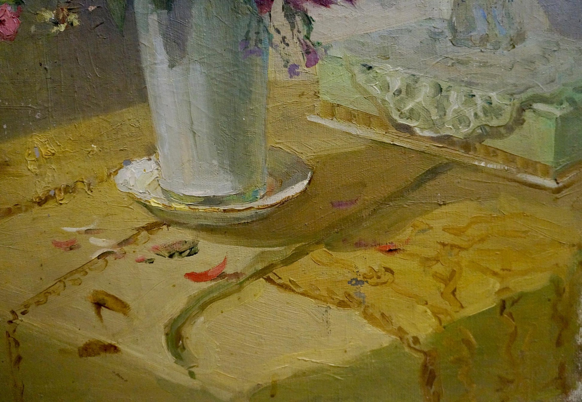 Tall white ceramic vase with fluted rim and gold trim on silver saucer in Oil painting Flowers Besedin Sergey Fotievich