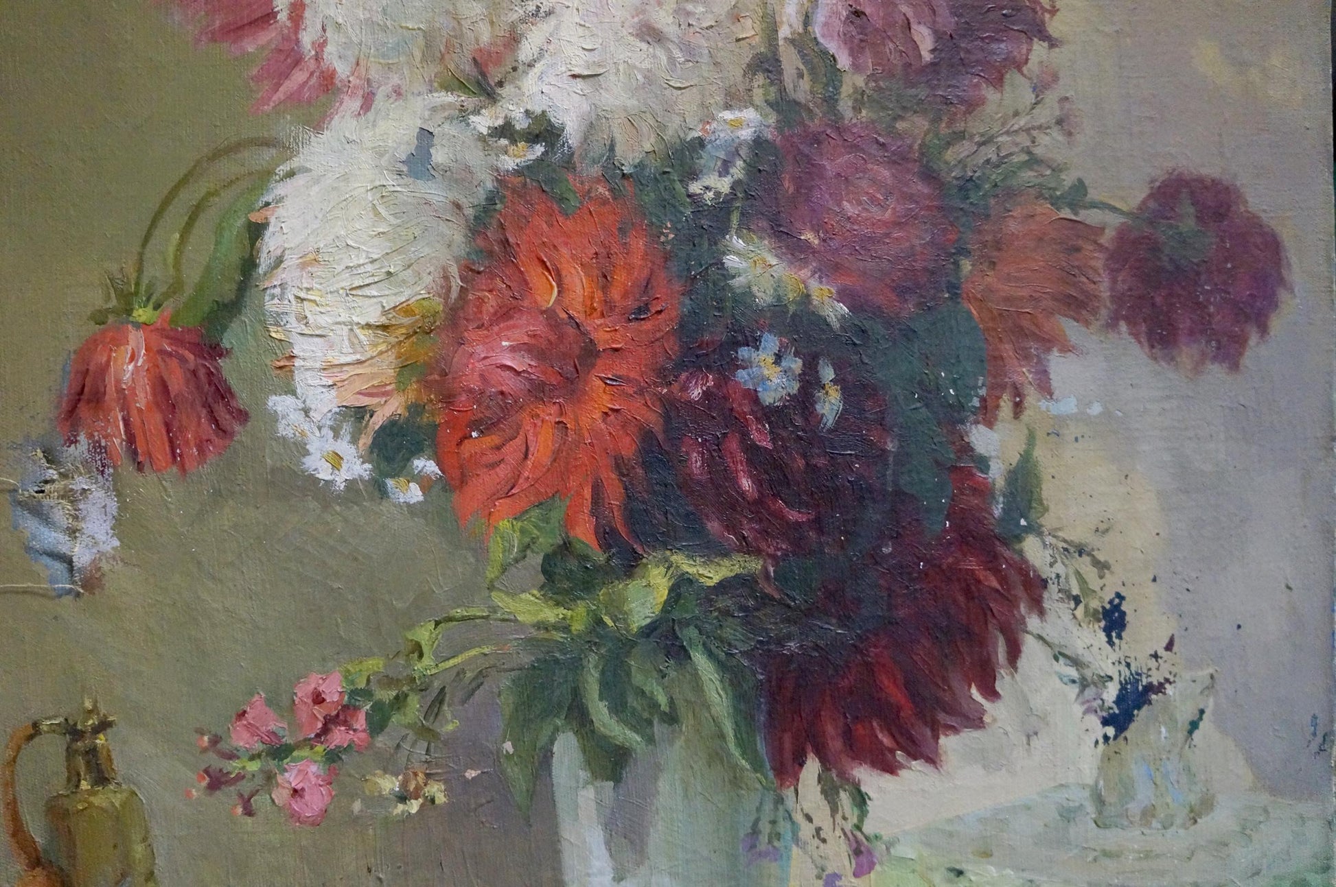 Vibrant impressionistic oil painting of lush flowers in white vase by Besedin Sergey Fotievich
