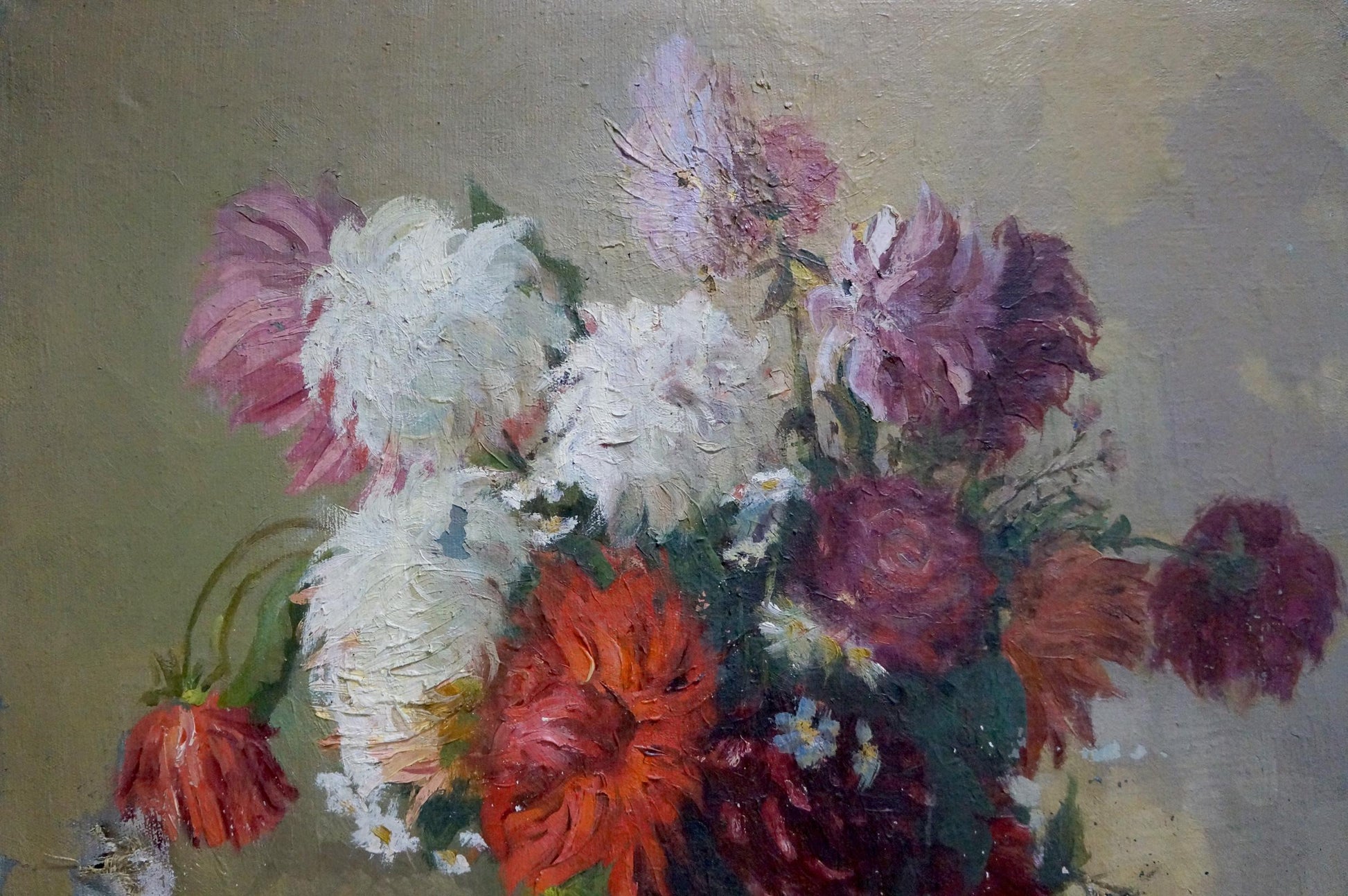 Vibrant oil painting of colorful dahlias by Besedin Sergey Fotievich
