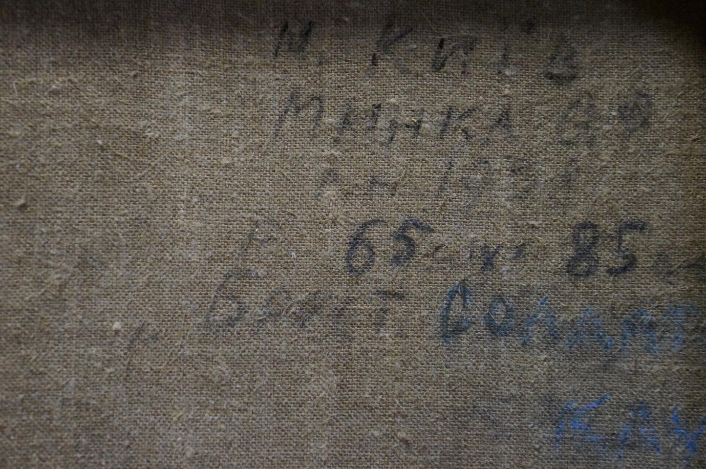 Back of Oil painting Winter landscape Minka Alexander Fedorovich with faded handwritten text on gray fabric