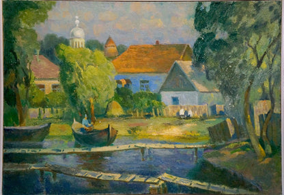 Impressionist oil painting by Minka Alexander Fedorovich: serene summer village landscape with blue house, orange roof, green trees, calm water, boats