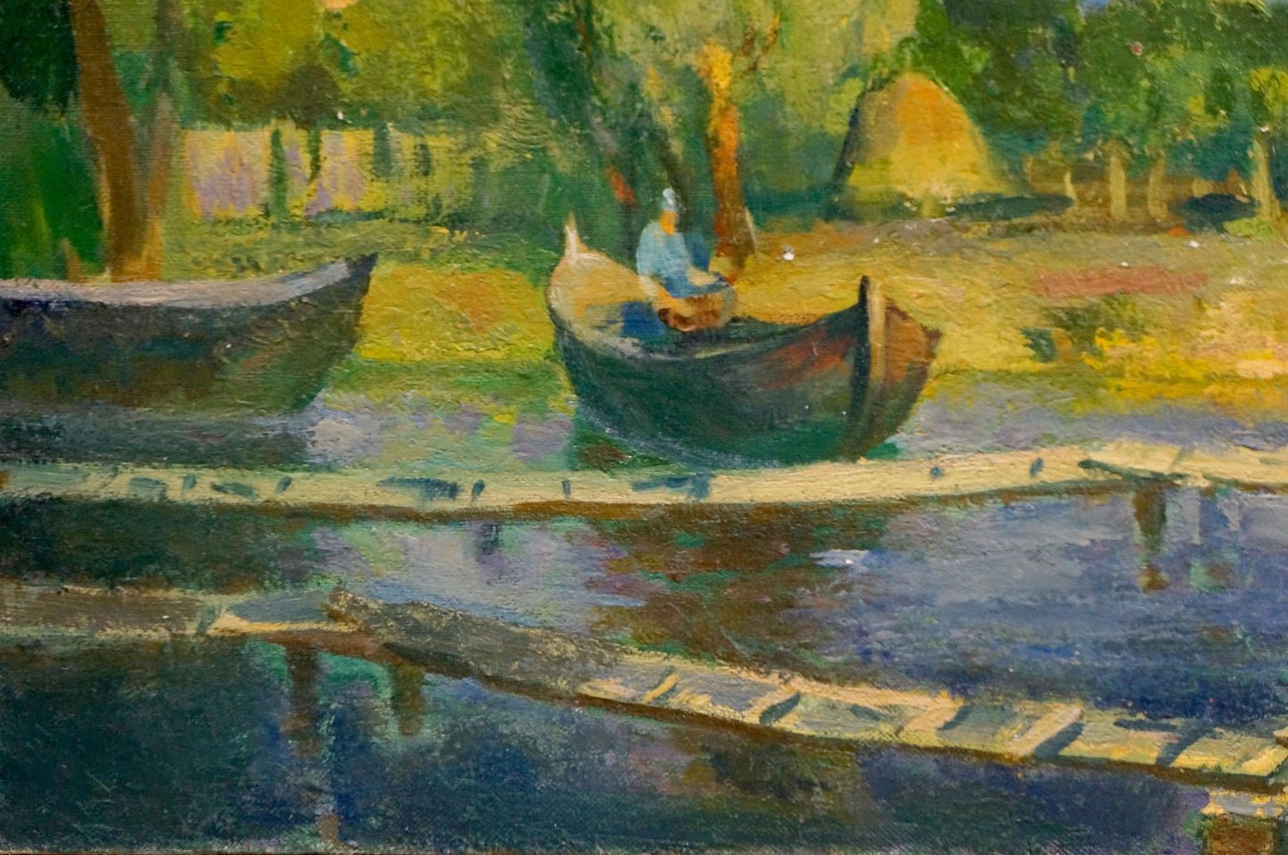 Serene impressionistic oil painting by Minka Alexander Fedorovich of rowboats on calm waterway