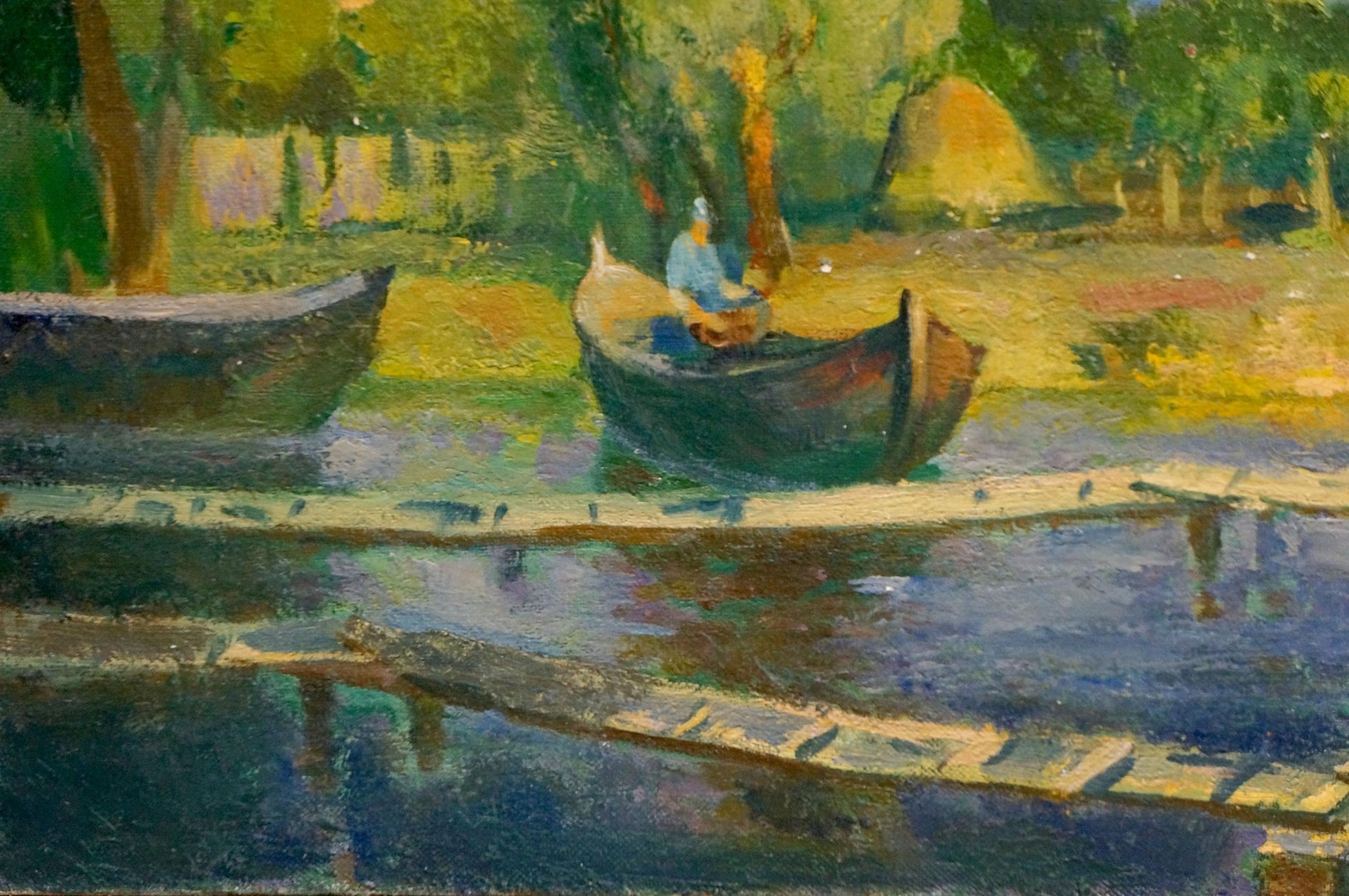 Serene impressionistic oil painting by Minka Alexander Fedorovich of rowboats on calm waterway