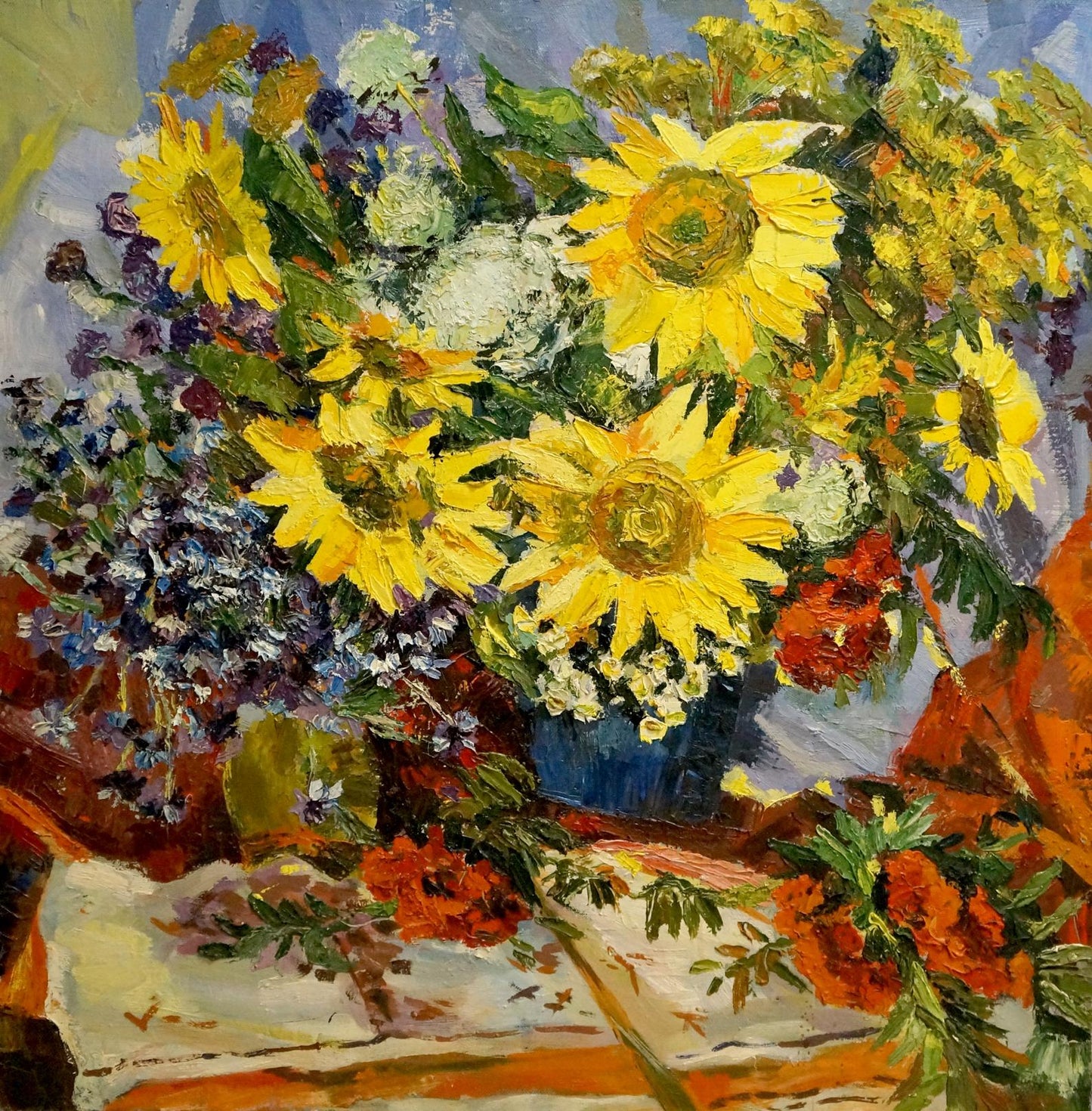 Oil painting of vibrant yellow sunflowers by Kolomoitsev Petr Mikhailovich