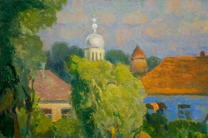 Oil painting by Minka Alexander Fedorovich: white domed church over village rooftops