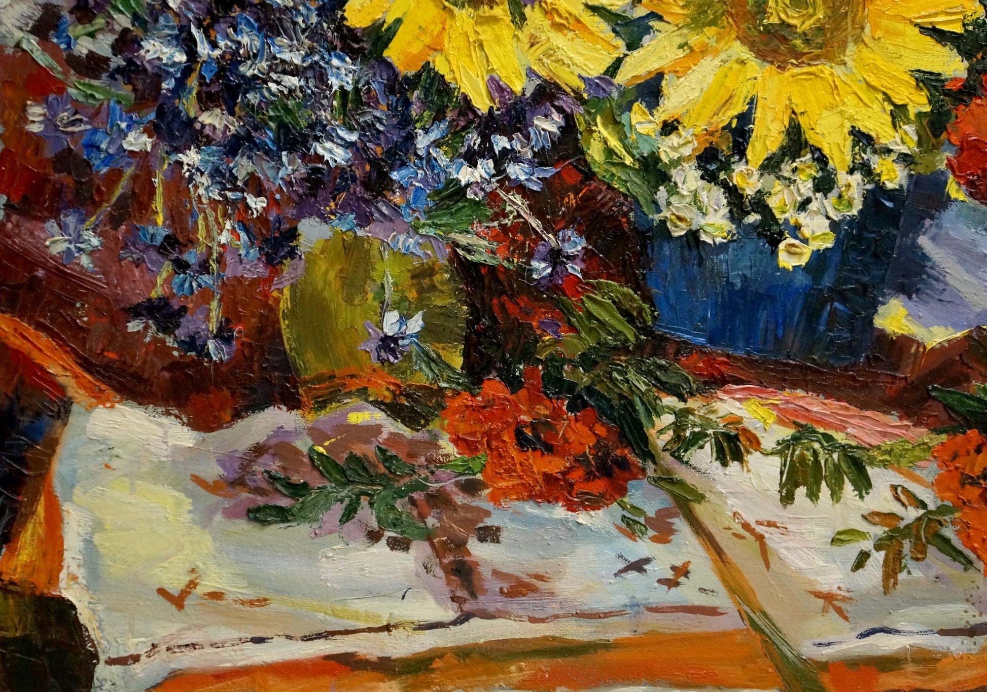 Vibrant sunflowers and wildflowers oil painting by Kolomoitsev Petr Mikhailovich in blue vase
