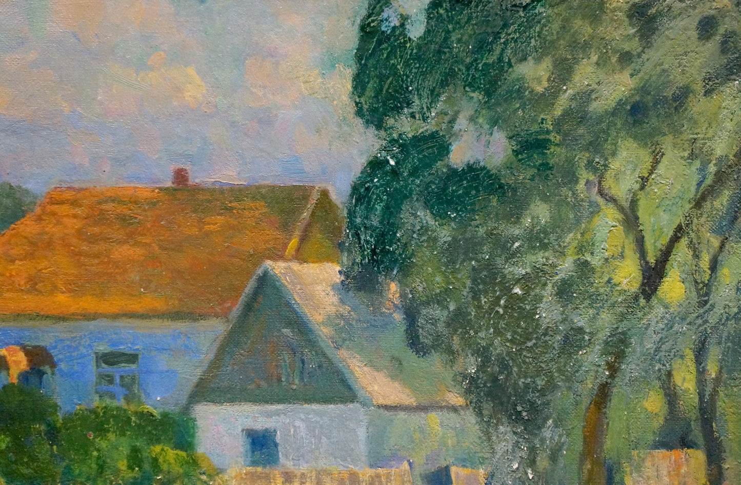 Impressionistic oil painting of blue house with brown roof by Minka Alexander Fedorovich