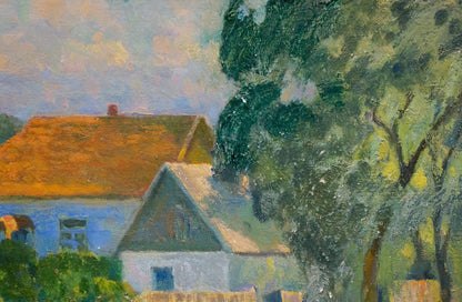 Impressionistic oil painting of blue house with brown roof by Minka Alexander Fedorovich