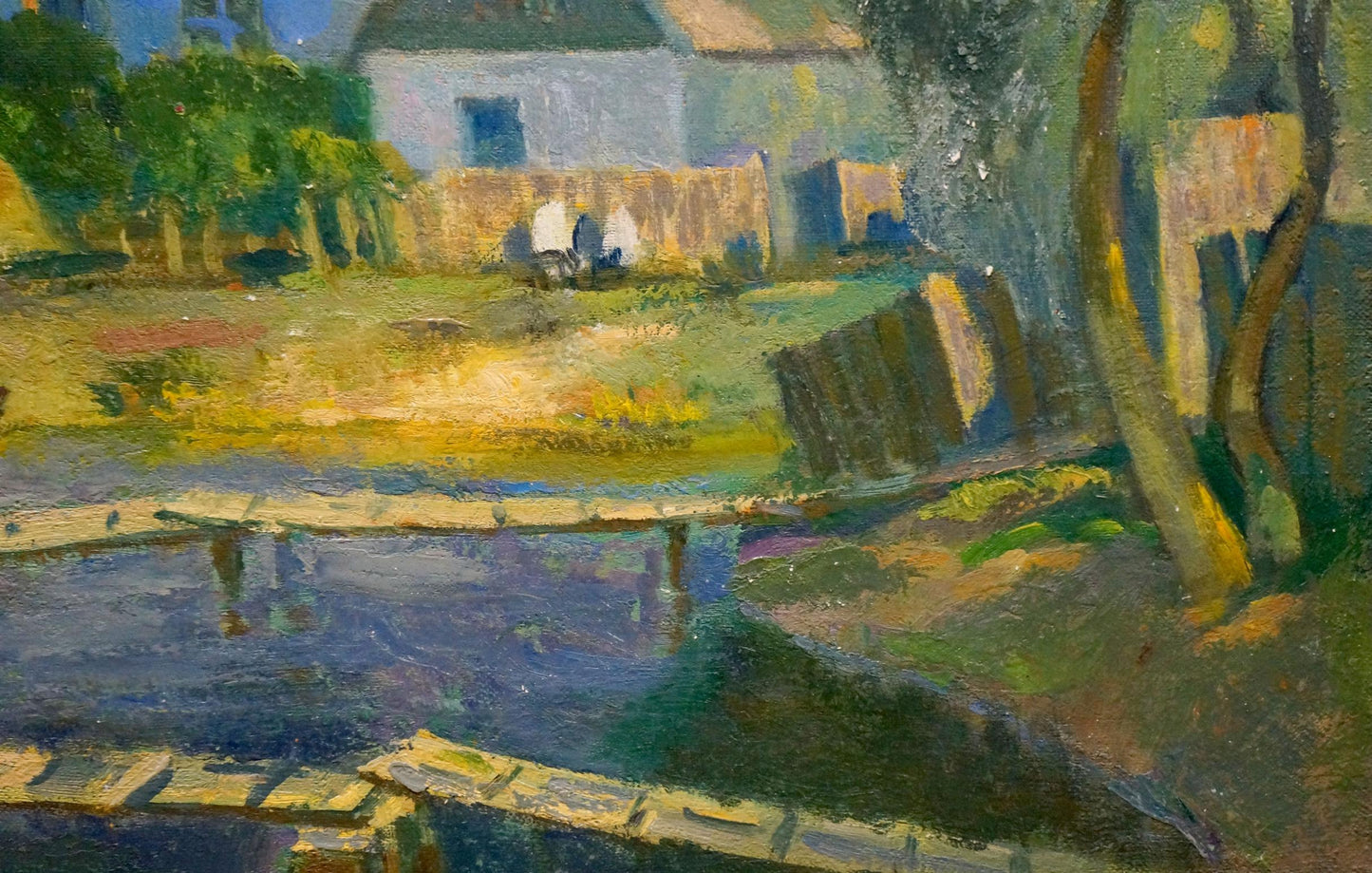 Rustic wooden bridge over calm river in Minka Alexander Fedorovich summer oil painting