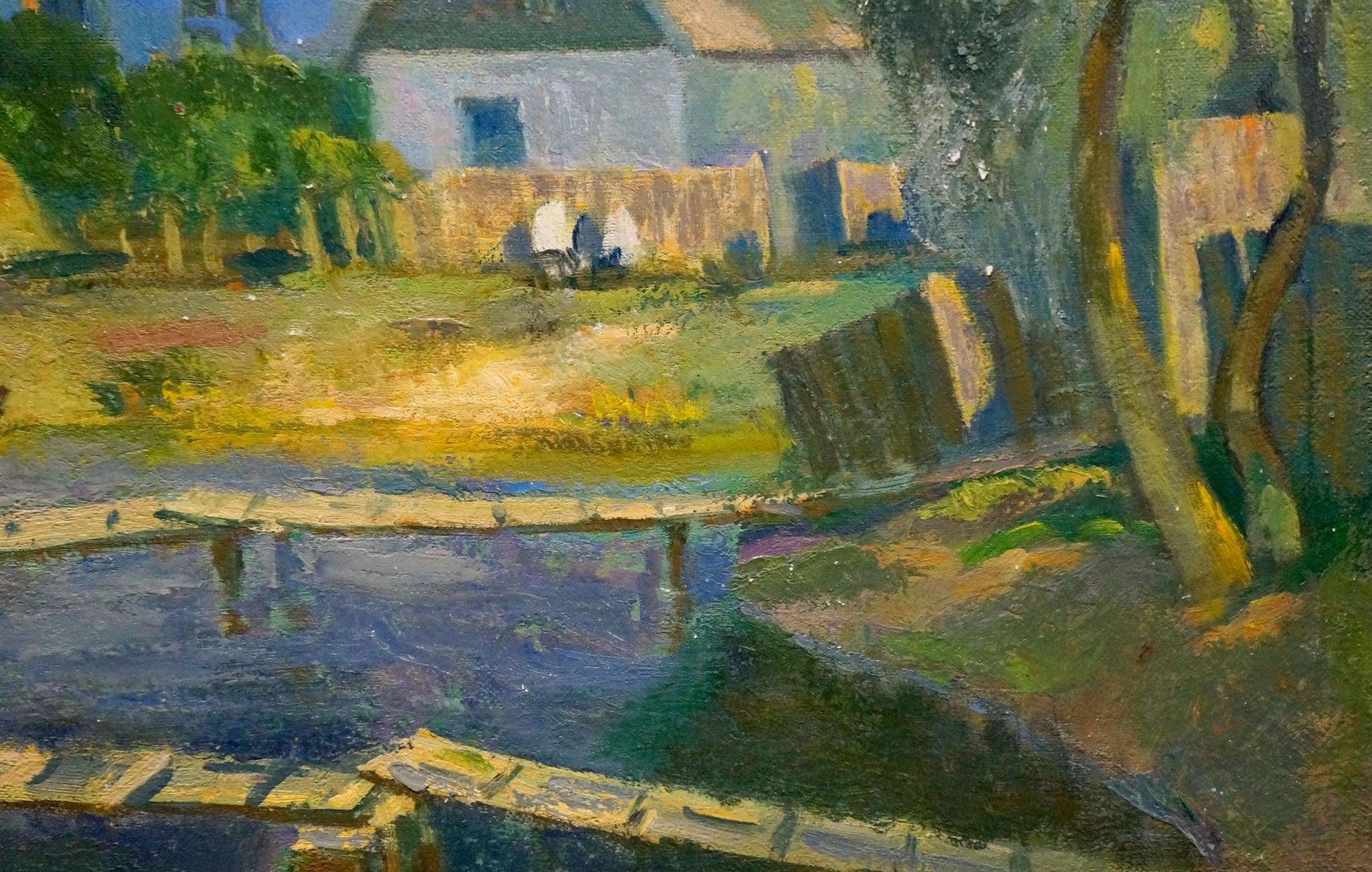 Rustic wooden bridge over calm river in Minka Alexander Fedorovich summer oil painting