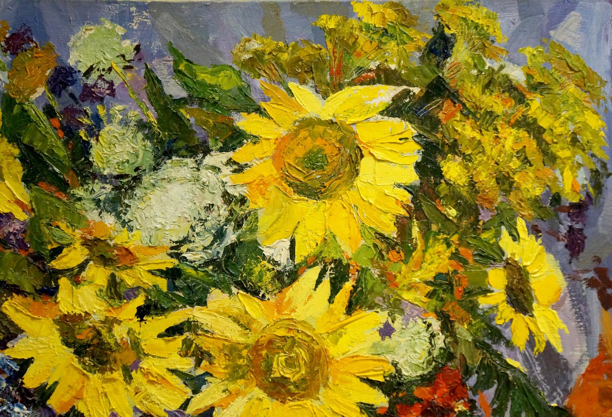 Vibrant oil painting of sunflowers by Kolomoitsev Petr Mikhailovich
