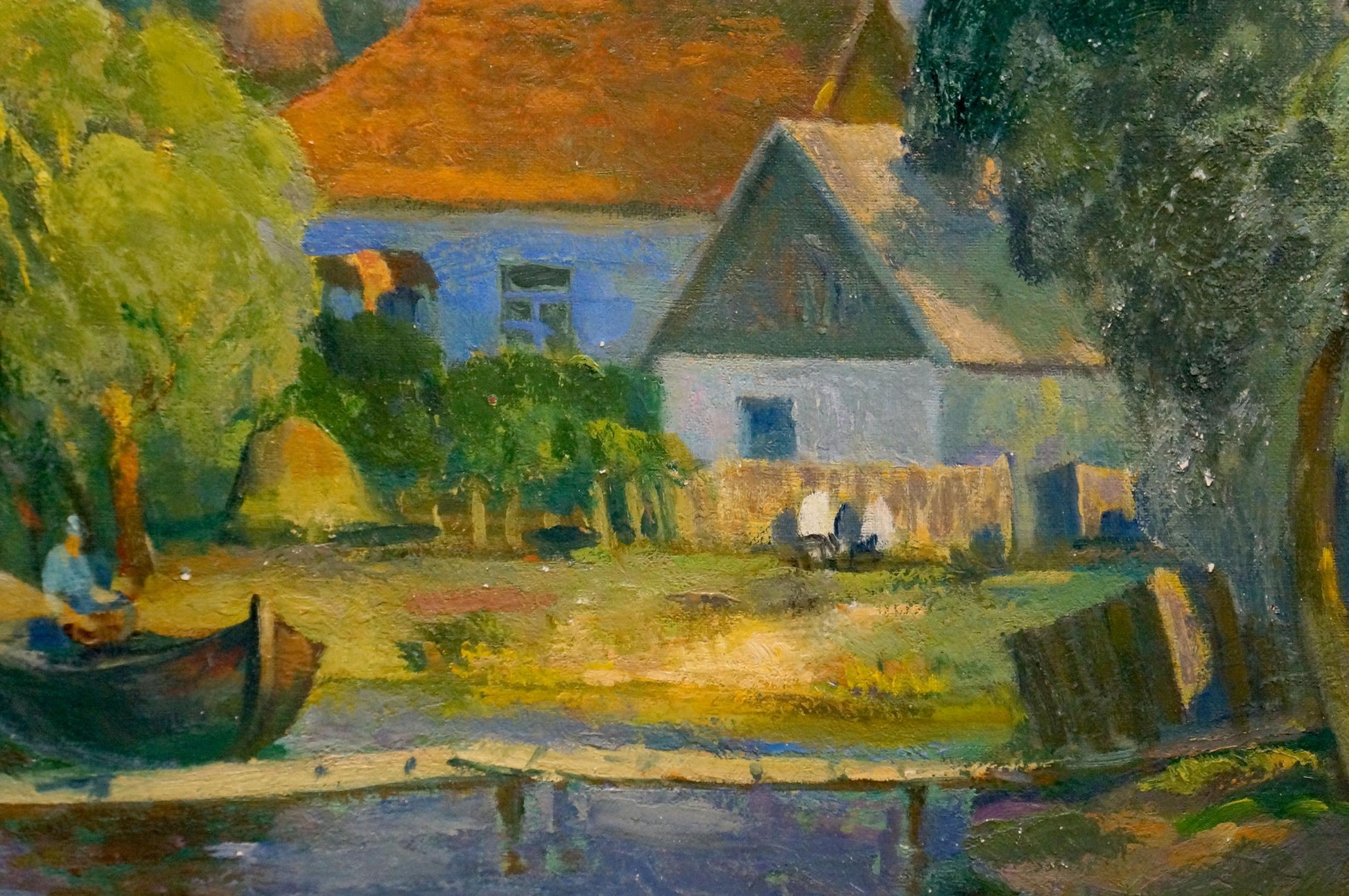 Oil painting of rustic blue house with red roof by river, Minka Alexander Fedorovich