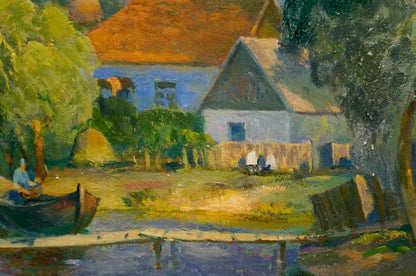 Oil painting of rustic blue house with red roof by river, Minka Alexander Fedorovich