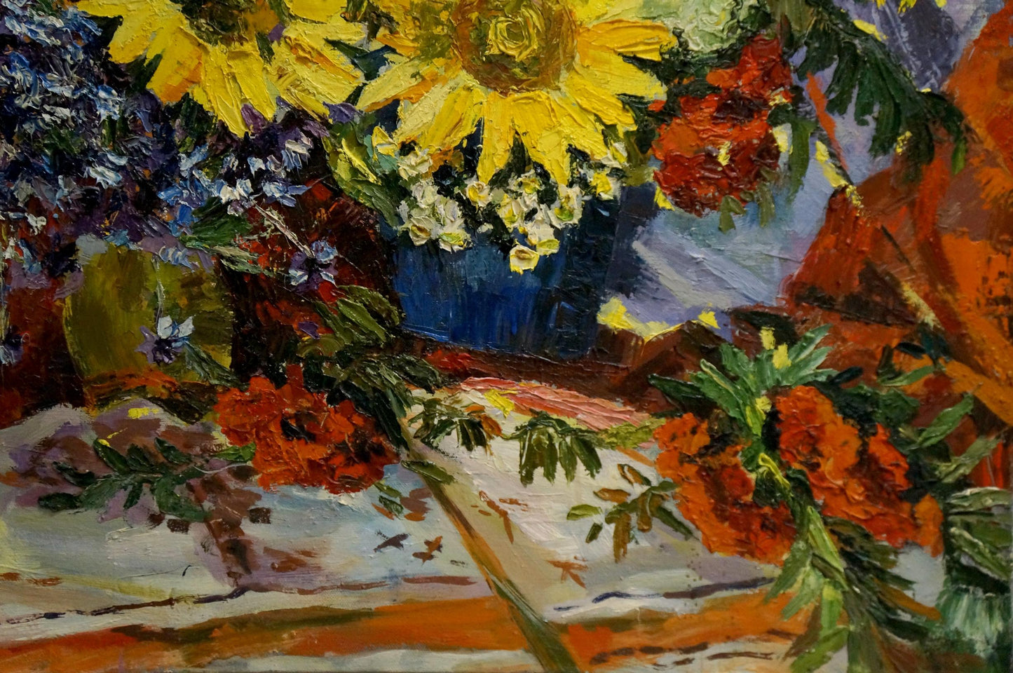 Oil painting of vibrant sunflowers and orange blossoms in blue vase by Kolomoitsev Petr Mikhailovich