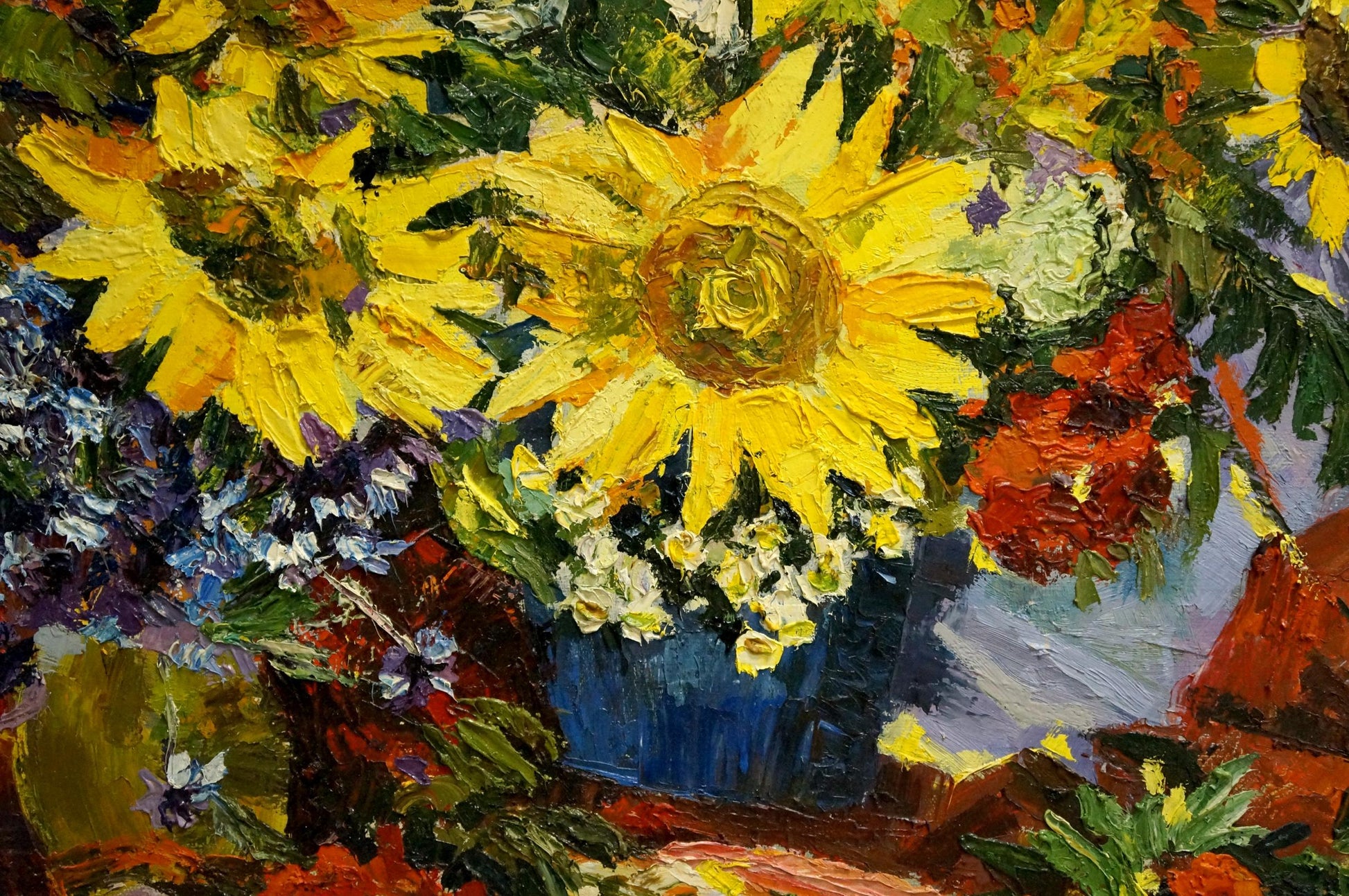 Oil painting of vibrant yellow sunflowers by Kolomoitsev Petr Mikhailovich