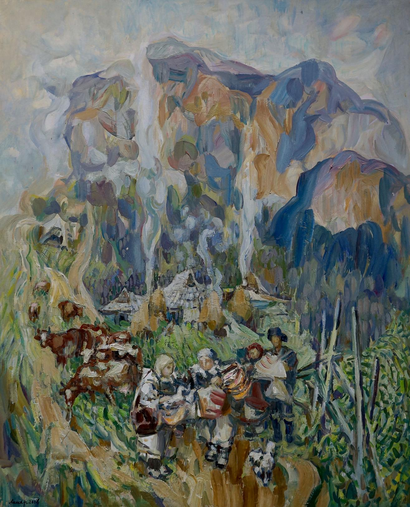 Vibrant impressionist oil painting of village life by Limar Anatoly Pavlovich