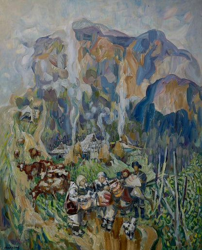 Vibrant impressionist oil painting of village life by Limar Anatoly Pavlovich