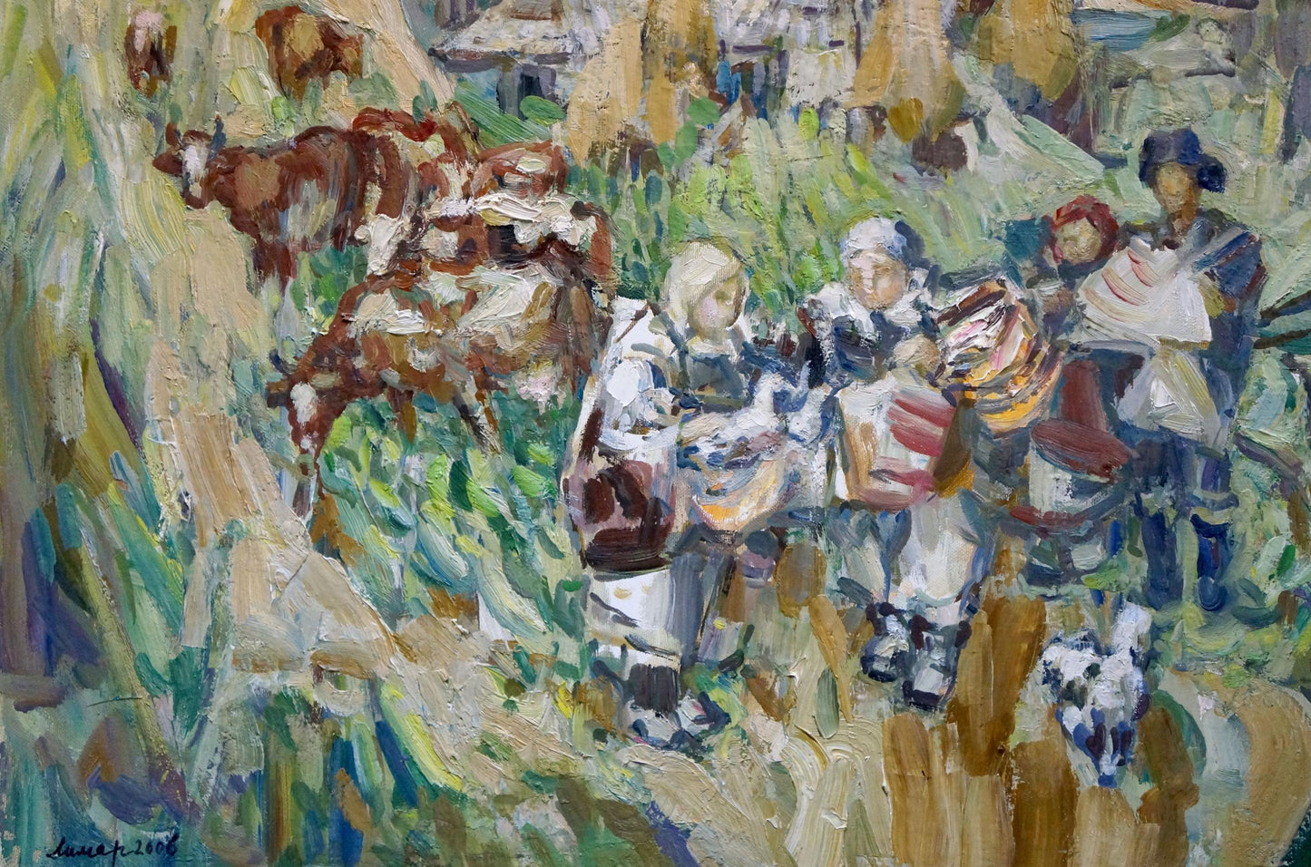 Impressionistic oil painting of village life by Limar Anatoly Pavlovich