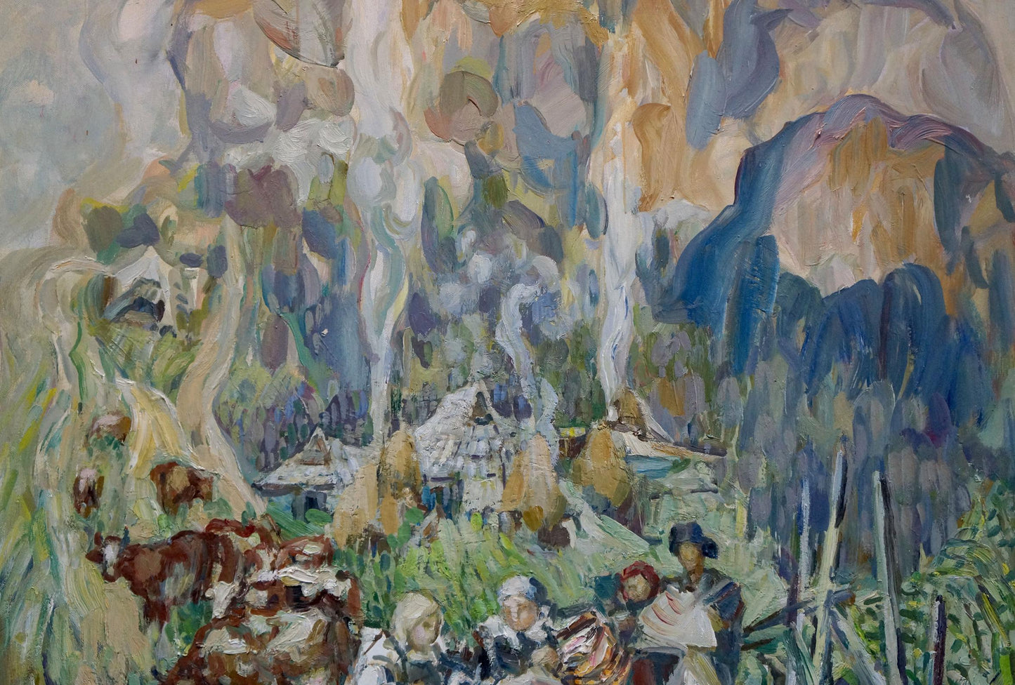 Vibrant impressionist oil painting by Limar Anatoly Pavlovich: village life scene
