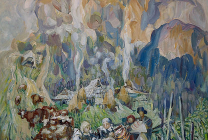 Vibrant impressionist oil painting by Limar Anatoly Pavlovich: village life scene