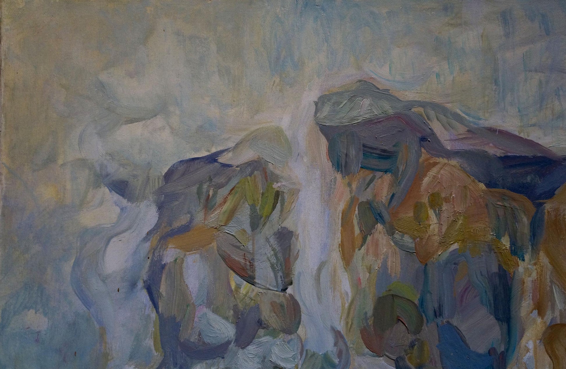 Abstract oil painting of village life by Limar Anatoly Pavlovich in muted blues and grays