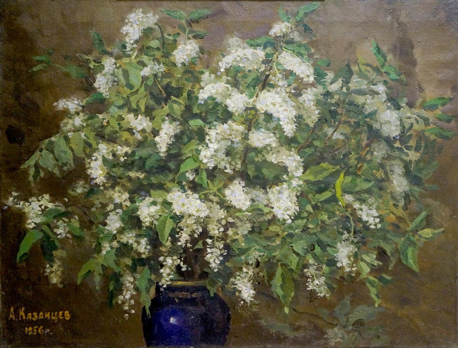 Oil painting by Kazantsev Anatoly Alekseevich: white blossoms and green leaves in blue vase