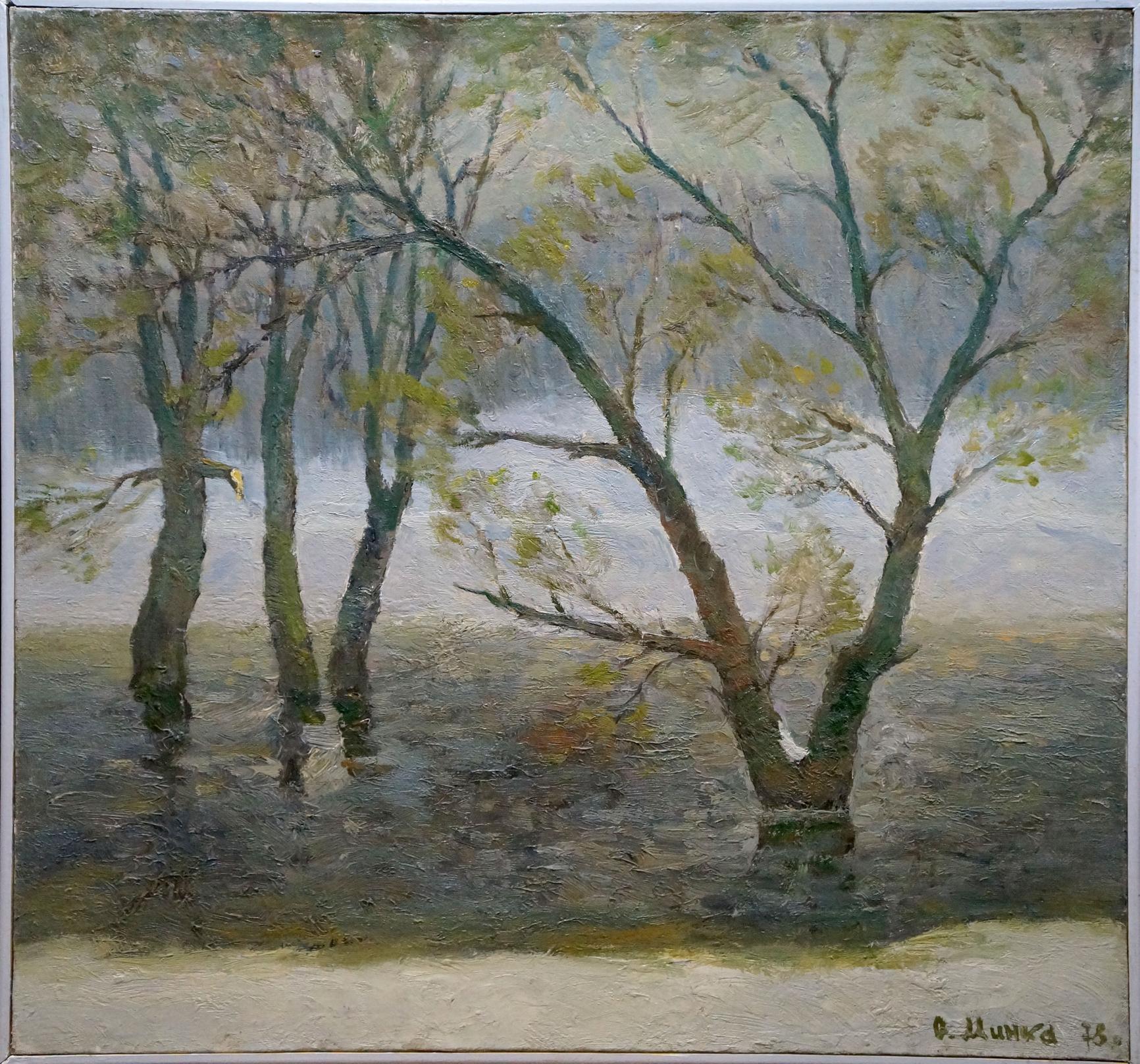 Oil painting In March by Minka Alexander Fedorovich misty landscape with slender trees