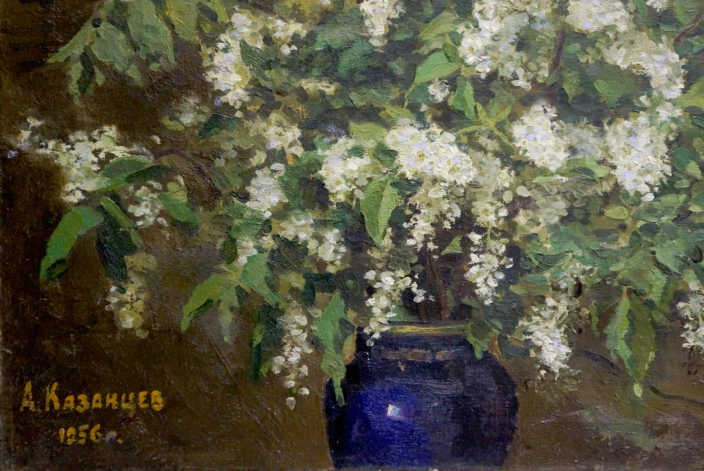 Oil painting by Kazantsev Anatoly Alekseevich: deep blue vase with white blossoms