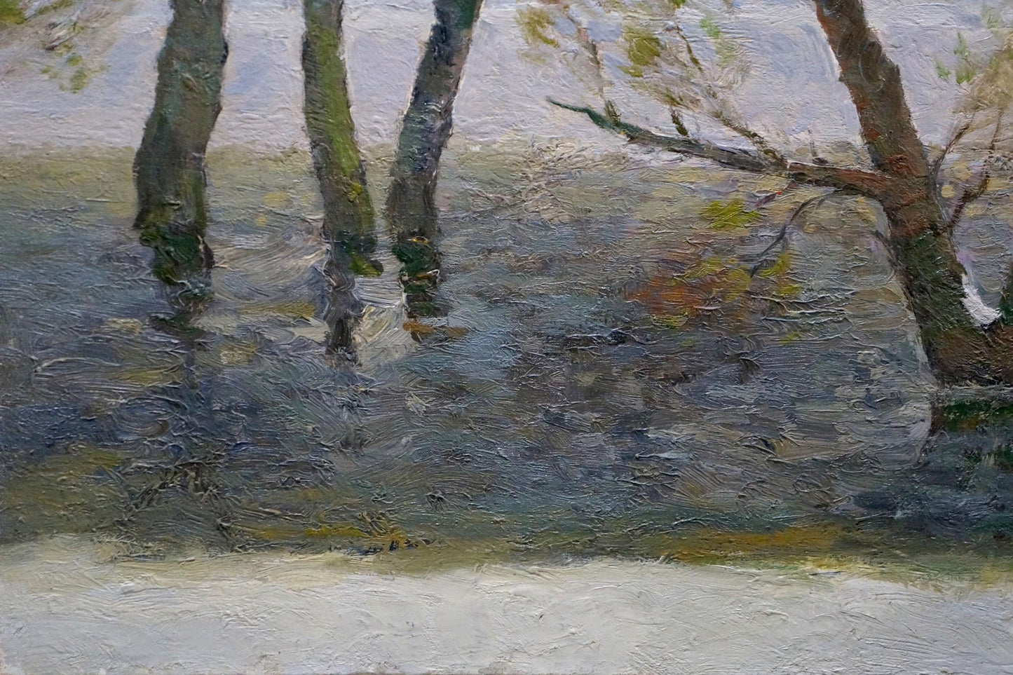 Oil painting In March by Minka Alexander Fedorovich textured tree trunks