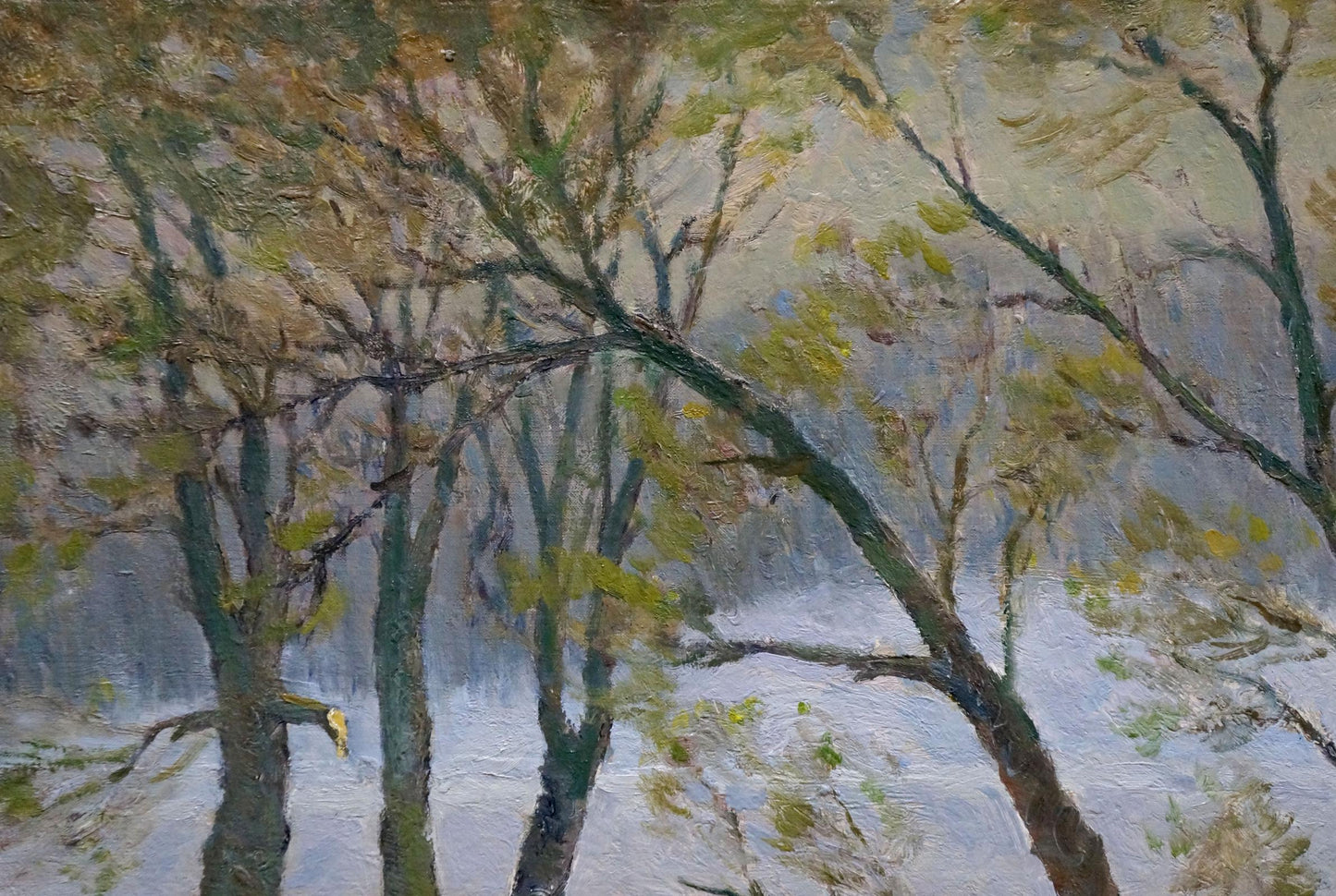Oil painting In March by Minka Alexander Fedorovich, snowy forest scene