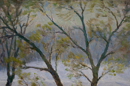 Impressionistic oil painting In March by Minka Alexander Fedorovich, bare branches sparse green leaves misty background