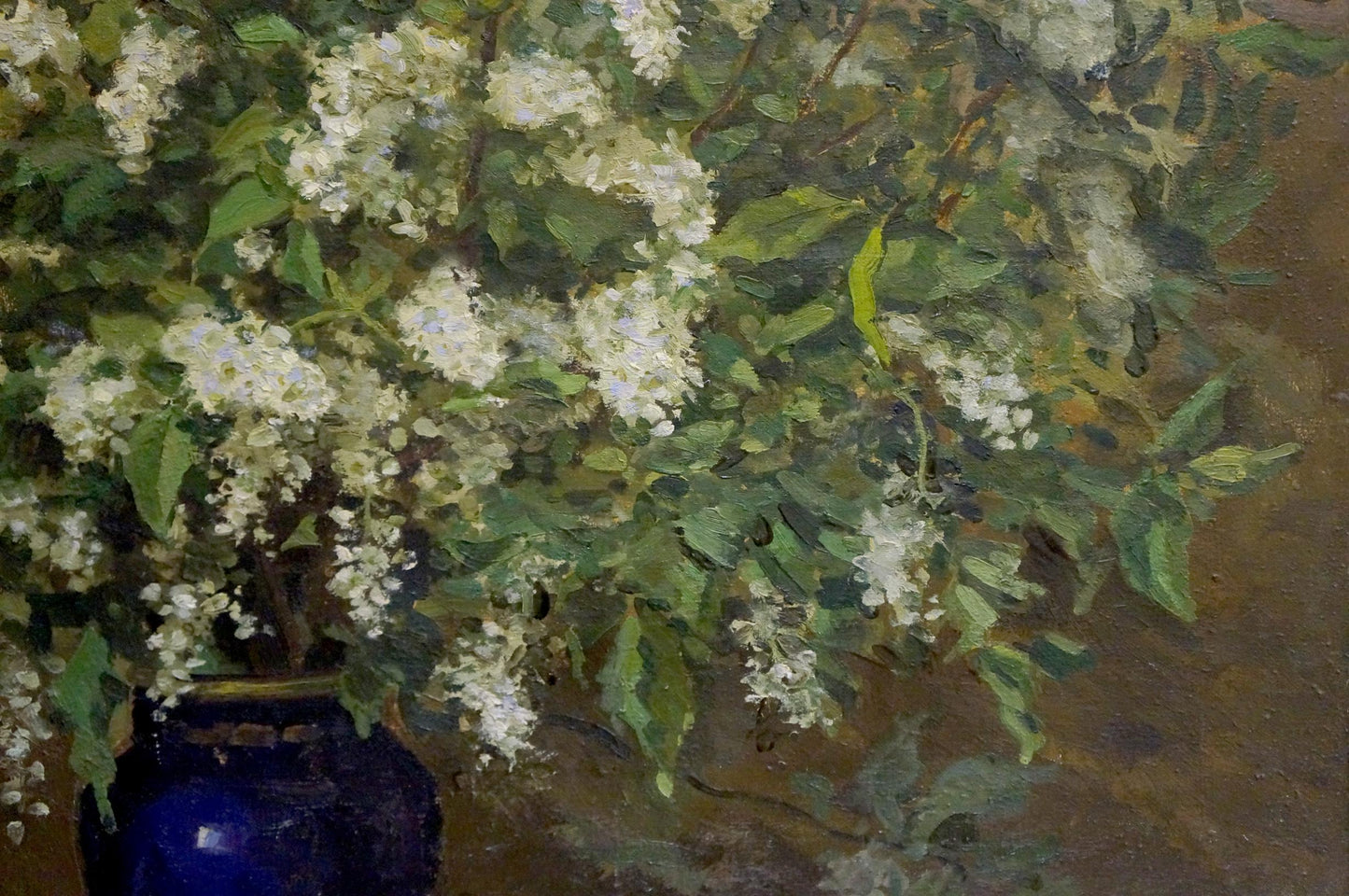 Oil painting by Kazantsev Anatoly Alekseevich: deep blue vase with white blossoms
