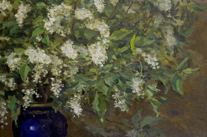 Oil painting by Kazantsev Anatoly Alekseevich: deep blue vase with white blossoms