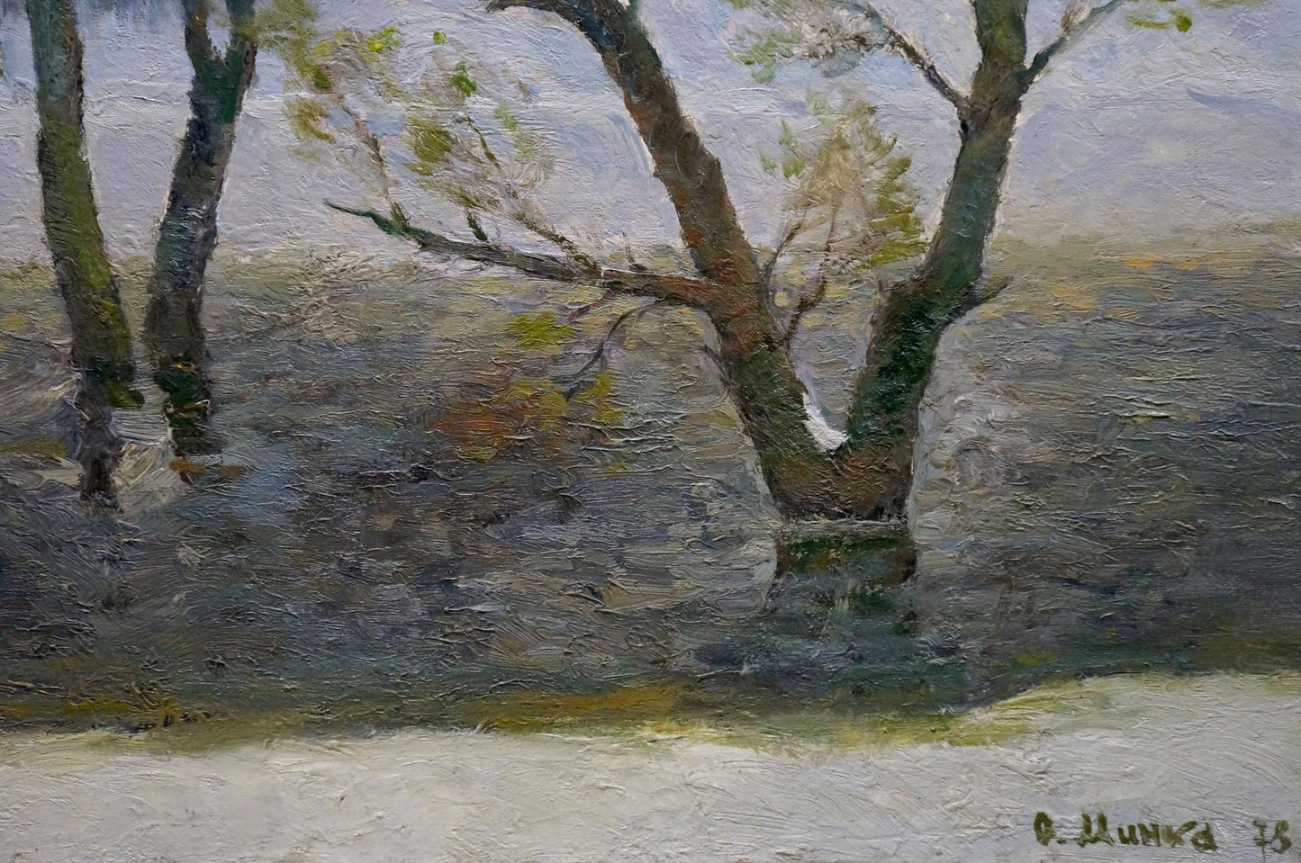 Oil painting In March by Minka Alexander Fedorovich with textured trees