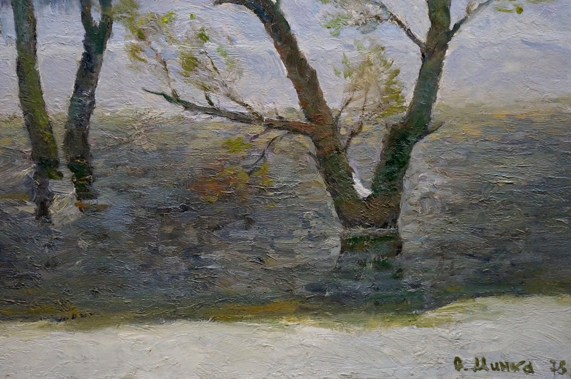 Oil painting In March by Minka Alexander Fedorovich with textured trees
