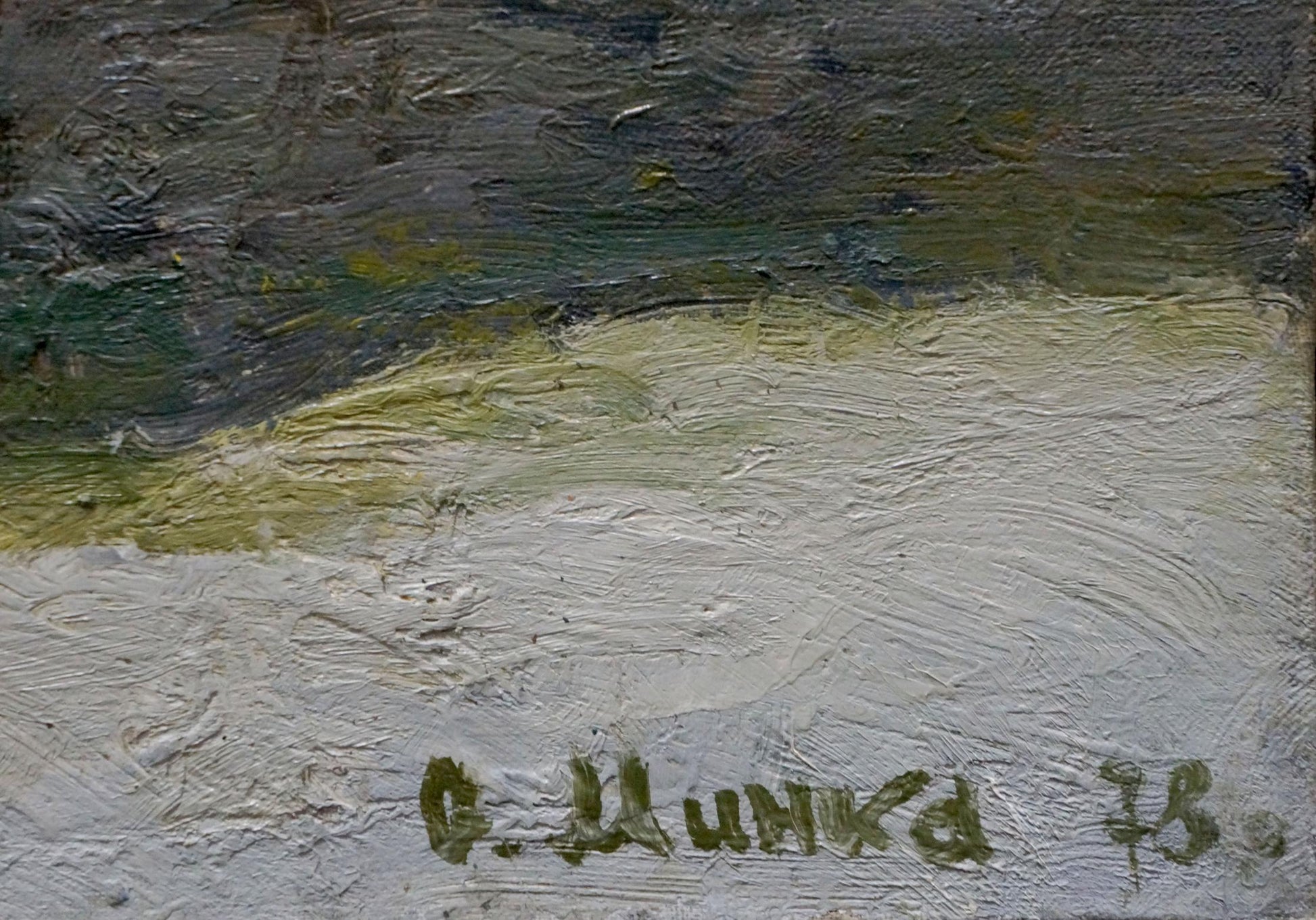 Oil painting In March by Minka Alexander Fedorovich, textured gray green white landscape