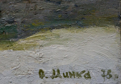 Oil painting In March by Minka Alexander Fedorovich, textured gray green white landscape