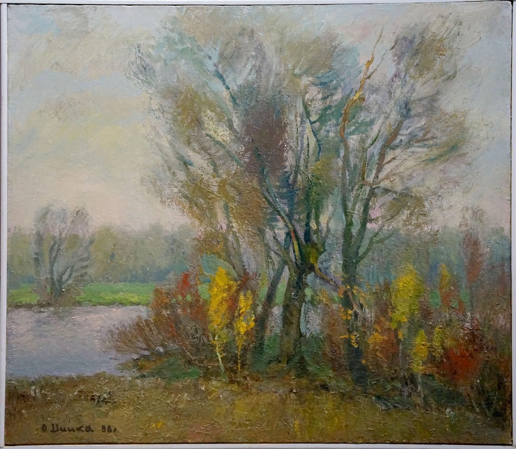 Oil painting Near the River by Minka Alexander Fedorovich: autumn landscape with bare trees