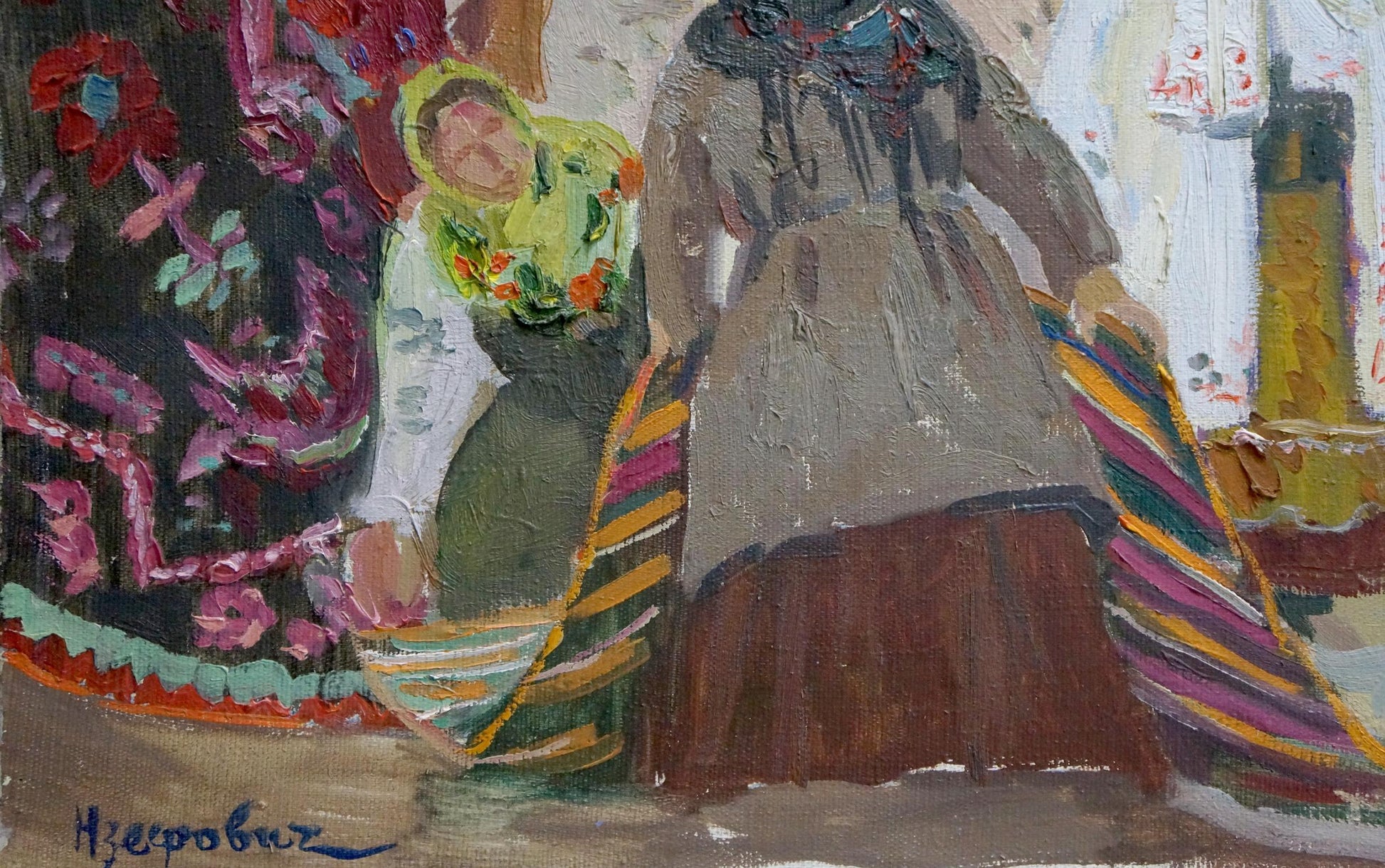 Oil painting by Yuzefovich Natalia Vladimirovna: woman in green floral dress, yellow headscarf beside figure in colorful striped fabric